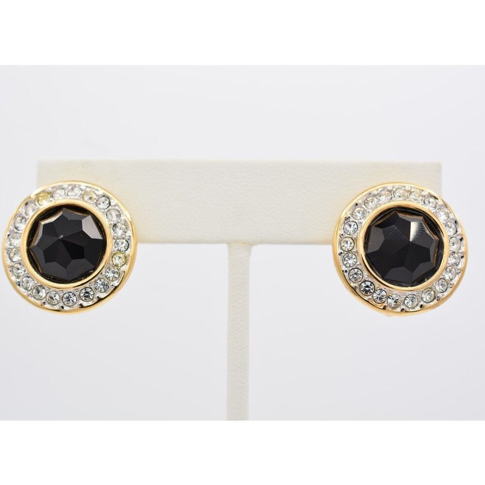 Swarovski Vintage Crystal Clip On Earrings Black Rhinestone SAL Signed 80s BinAV